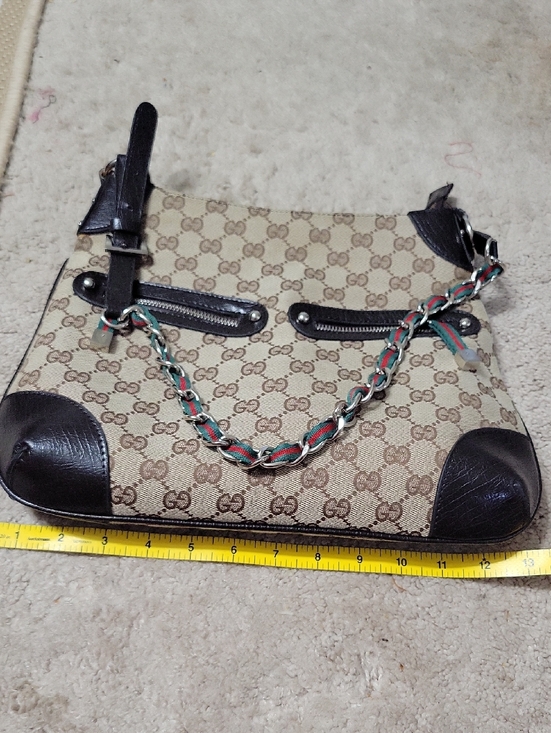 Fashion bag Handbags - Gucci Beige GG Canvas Shoulder Bag with Brown Leather and Red-Green Chain